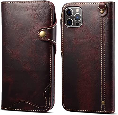 Étui portefeuille pour iPhone 14 Pro cuir véritable vintage avec rabat magnétique