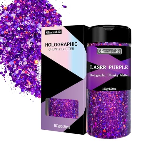 GlimmerLife Purple Chunky Glitter 150G/5.29OZ Glitter, Holographic Chunky Glitter Sequin Flake Bulk, Craft Glitter for UV Resin, Nail Glitter for Face, Body, Eye, DIY Halloween Decorations