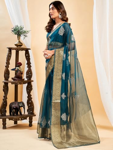 Image of Satrani Women's Organza Sequins Embroidery Jacquard Saree with Unstitched Blouse Piece
