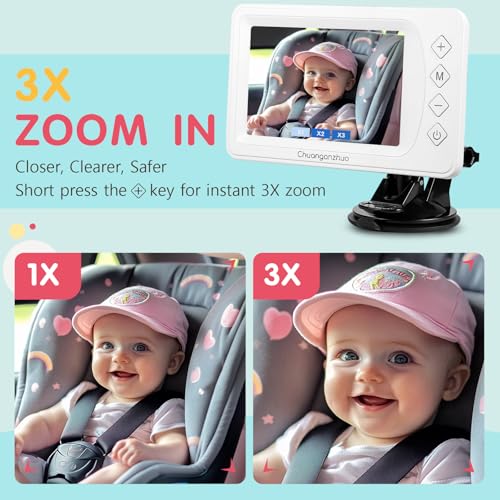 Image of S100P Baby Car Camera with Ultra Night Vision, 5'' HD 1080P IPS Baby Car Monitor with 3X Zoom, Backseat /Carseat /Rear Seat Camera USB, Easy No-Damage Install, Safety for Infants and Pets (5 inch White)