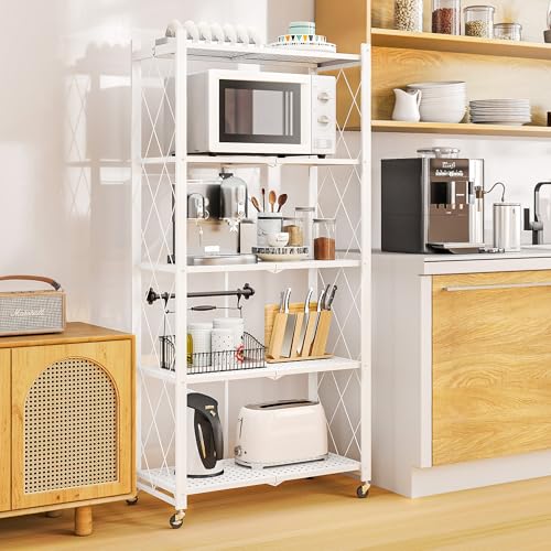 Image of 5-Tier Folding Metal Storage Rack - 63 inch Heavy-Duty Steel Frame with Wheels, No Assembly Utility Organizer, Rolling Shelving Unit for Kitchen, Garage, Pantry, Bedroom (White, 5 Tier)