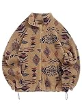 ZAFUL Women's Fashion Long Sleeve Zip Ethnic Printed Faux Fur Sweatshirt Toggle Drawstring Collar Coat Drop Shoulder Loose Pullover Tops (12-Deep Coffee,XL)