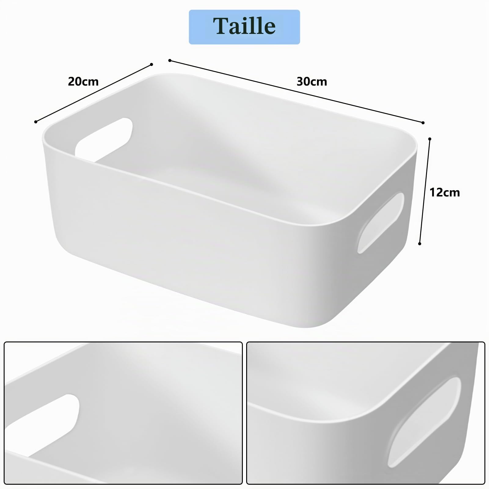 Lot de 8 boîtes de rangement en plastique blanc avec poignées - 30x20x12cm | Pour armoire de cuisine - Boîte de rangement en plastique pour salle de bain, cuisine, garde-manger, Étagère, Organiseur