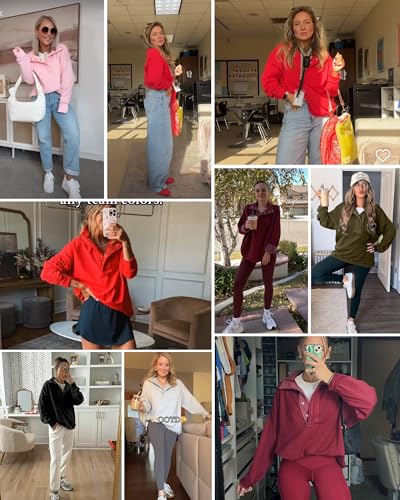 Gacaky Sweatshirt for Women Oversized Casual Long Sleeve Button Henley Neck Pullover Tops Fashion Outfits Clothes Light Gray L