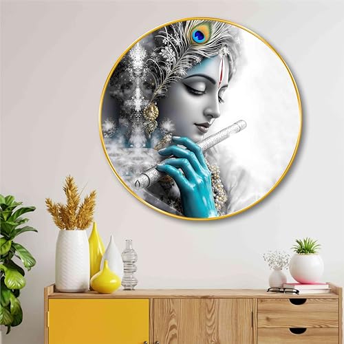 Image of SAF Monochrome Lord Krishna with Flute Wall Painting - Black & White Spiritual Art with Blue Accent | Round Golden Frame Religious Decor for Living Room, Bedroom, Pooja Room (20 X 20 Inch) GRL-292