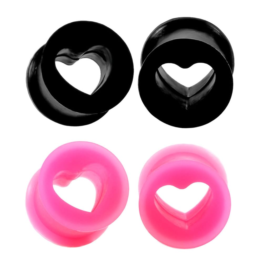 Hollow Heart Shaped Soft Silicone Flexible Double Flared Ear Tunnels Plugs Gauge Expander Stretching Earrings for Women Men Couples Love Piercing Body Jewerly Gift Black Pink 2 Pairs Set