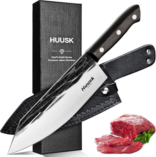 Huusk Japanese Cooking Knife, Butcher Knives for Meat Cutting, Hand Forged Kitchen Knives with Full Tang Handle, Brisket Trimming Knives with Sheath for BBQ, Camping, Christmas Gift for Men and Women
