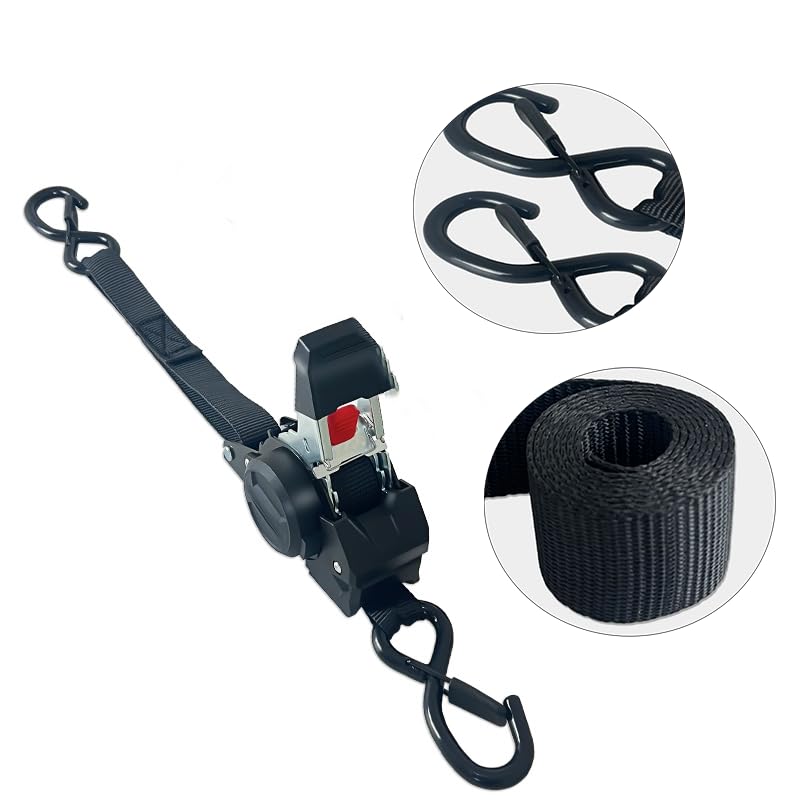 Lot de 4 Sangles à cliquet rétractables, 3 m x 25 mm, résistance à la Rupture de 700 kg, avec Crochets en S, pour déménagements, Kayaks, remorques, Motos, vélos et Plus Encore, Skis, Noir