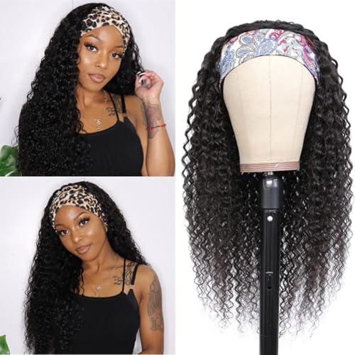 Image of WENYAN Deep Wave Headband Wig Human Hair 20 Inch Curly Glueless Wigs #1B