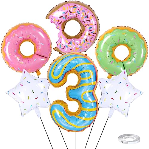 Weenkeey 3rd Donut Birthday Balloons Giant Doughnut Aluminum Foil Balloon Number 3 Mylar Balloon for Donut Theme Party Supplies Baby Shower Girls Birthday Decor