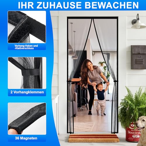 Fliegengitter Balkontür, Magnet Insektenschutz Tür 85x200 cm, Magnetvorhang Fliegenschutz Terassentür - Mückenschutz Türvorhang Kellertür - Fliegenvorhang Terrassentür Ohne Bohren,Schwarz