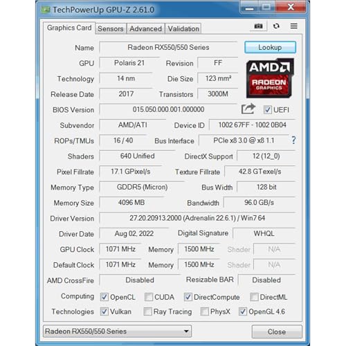 Carte graphique PC RX 550 4 Go GDDR5 128 bits compatible DirectX 12 HDMI - 6