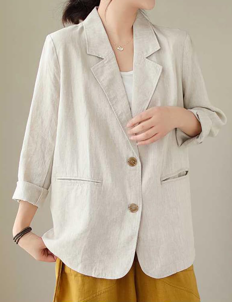 IDEALSANXUN Blazer da donna in cotone e lino, a maniche lunghe, leggero, da lavoro, casual, per la primavera e l'estate