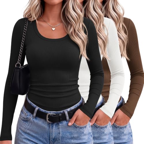 Ekouaer 3 Packs Womens Long Sleeve Shirts Scoop Neck Ribbed Tops