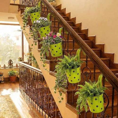 Image of Premium Hook Planter with Inner Pot | Polka Dot Hanging Planter for Balcony & Railings | Sturdy Plastic | Built-in Drainage | Vibrant Colours | Indoor & Outdoor Gardening (5, Green)