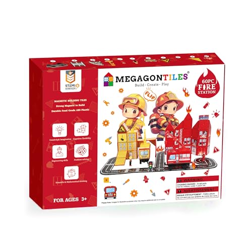 MEGAGONTILES Fire Station Magnetic Tiles Set 60PCS | STEM Magnetic Building Blocks with Fire Trucks & Cranes | Educational Construction Toy for Kids Ages 3–8 | Compatible with All Tile Brands