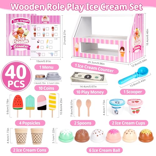 Image of Ice Cream Toy, Wooden Pretend Play Toys Play Store for Kids, Wooden Ice Cream Play Set with Scoop, Menu, Fake Money, Ice Cream Toys Play Kitchen Food Gifts for 3 4 5 6 Year Old Toddlers Girls Boys