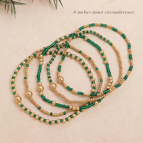 Gold Beaded Stack Bracelets Set For Women, 5Pcs Boho Handmade Small Beads Stackable Stretch Layered Outfit Accessories Jewelry Gift.4