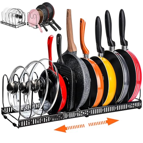 Accesorios De Cocina, Kitchen Estante de Ollas, Organizador de Ollas y Sartenes con 10 Compartimentos Ajustables, Soporte Sartenes para Almacenar Tapas de Ollas y Organizar Gabinetes de...