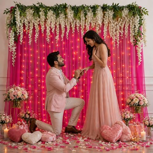 Image of Party Propz Light Pink Net Curtain for Decoration Backdrop with Artificial Ivory Wisteria Flower and Light - 9 Pcs Backdrop Decoration for Wedding, Birthday and Festival, Background Decorations Items