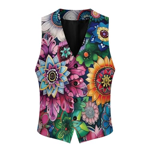Boho Floral Colorful Flowers Men's Suit Vest Waistcoat Vests Formal Dress with 2 Pockets for Business Casual Tuxedo3