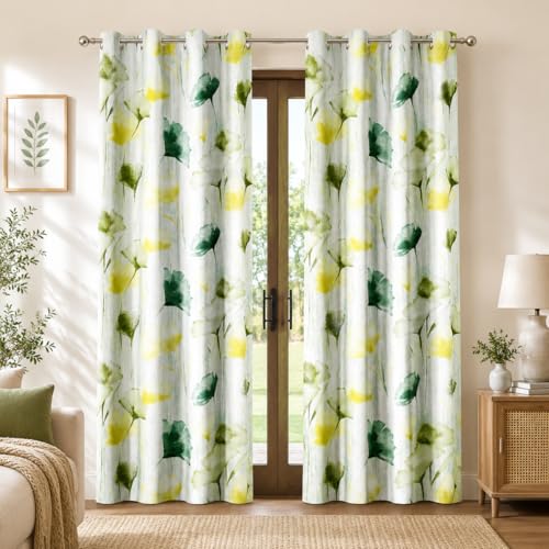 Image of HUTI 7 feet Green Door Curtain Set of 2 | Semi-Transparent Floral Printed Curtain | Soft Knitted Polyester | Eyelet Door Curtain for Living Room & Bedroom 4x7 ft (120 x 213 cm) | Best for Home Decor