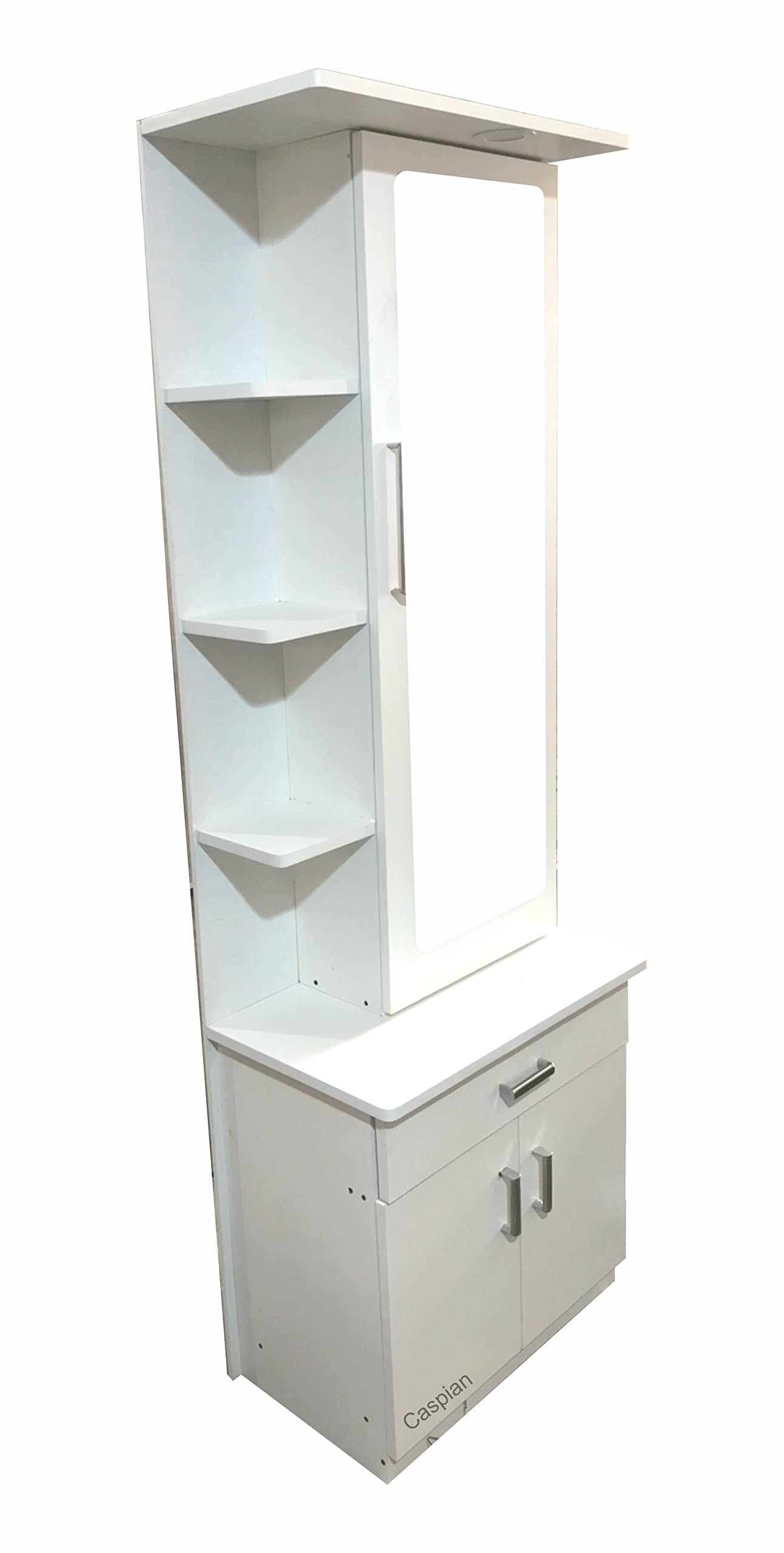 CASPIAN Engineered Wood Single Door Vanity Dressing Table (White) | Pre-Assembled Furniture with Mirror & LED Light | Makeup & Accessories Organizer with 4 Shelves & Drawer 3