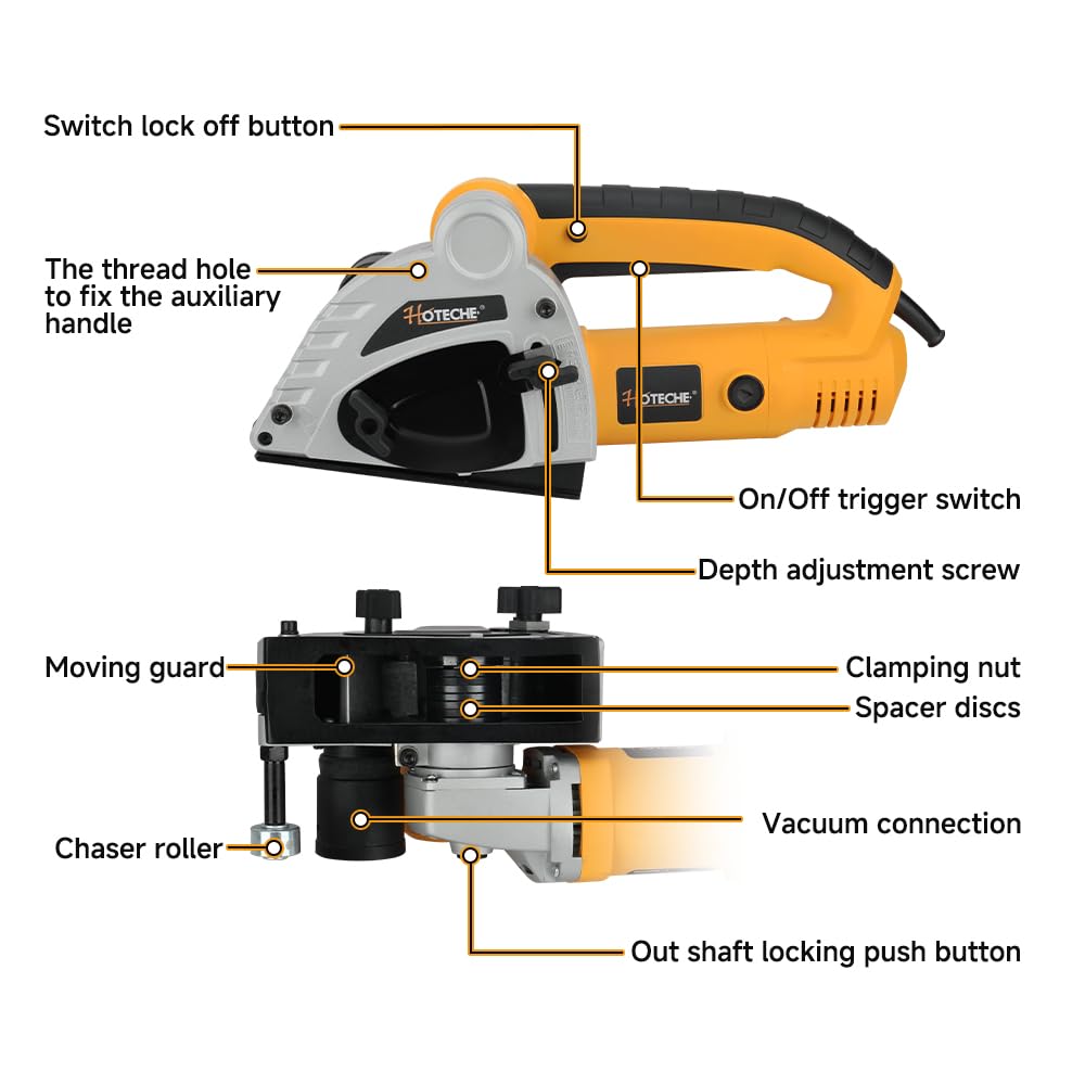 Hoteche 125mm 1500W Grabenfräse | Kupferdrahtmotor, Weichstart, 8500RPM, Mit 2 Diamant - Scheiben, in Farbschachtel