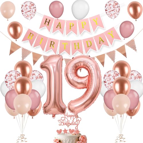 Décorations de gâteau d'anniversaire 19 ans pour filles – Ballons chiffre 19, rose et blanc, bannière « Happy Birthday »