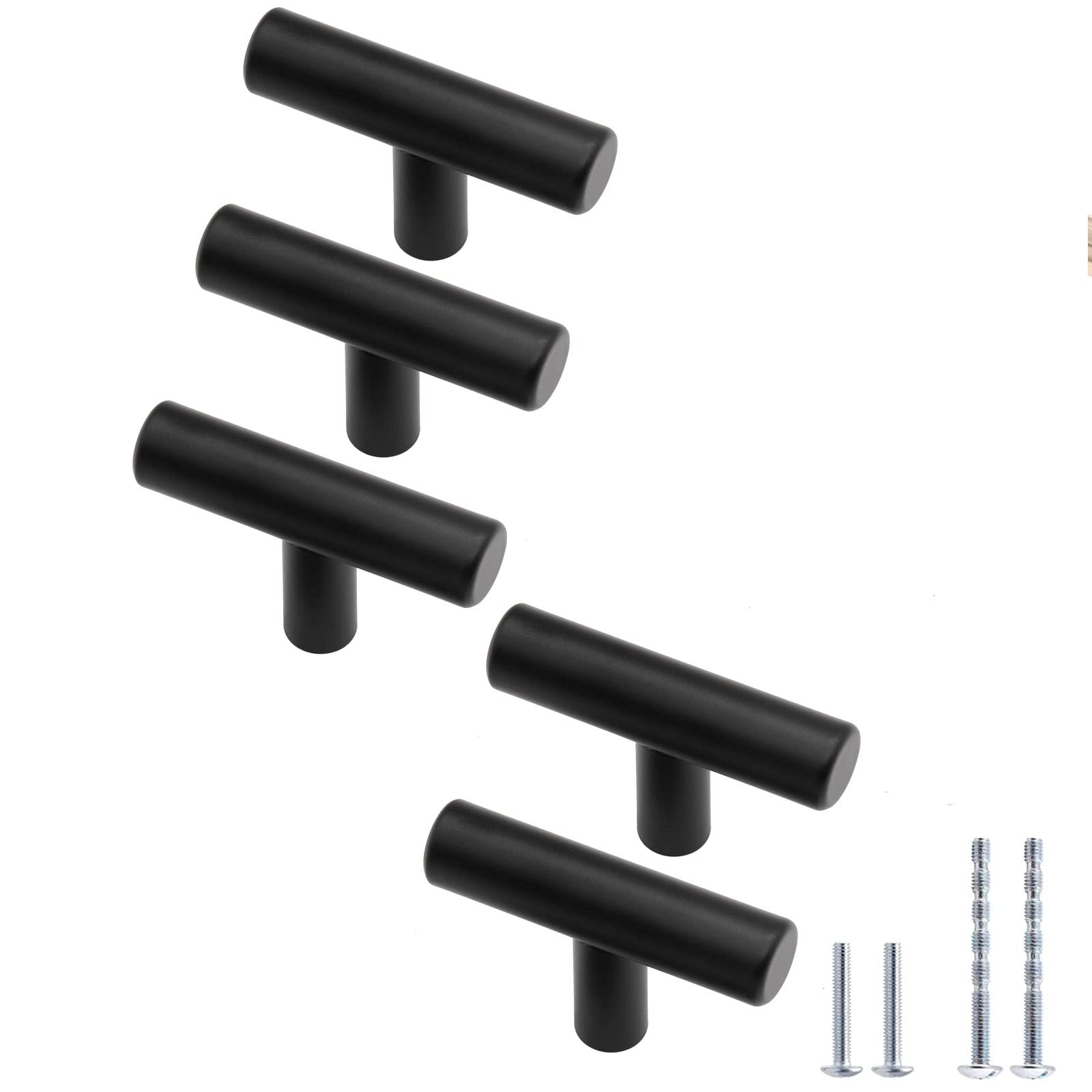 5 Pack Matte Black Cabinet Knobs Round Bar Dresser Handles, 2 Inch / 50mm Length Single Hole Dresser Knobs Stainless Steel Cabinet Hardware, Kitchen Drawer Knobs for Cupboard Wardrobe Vanity