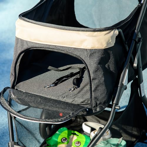 PawHut Hundewagen 2 in 1 Hundebuggy klappbar für Hunde & Katzen bis 10 kg Katzenbuggy mit Kissen Netzfenstern Türen Aufbewahrungskorb Katzenwagen Buggy Khaki
