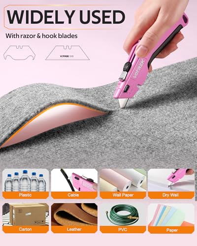 Image of VOTREK Box Cutter Utility Knife, 2-in-1 Safety Retractable Box Cutter for Women, Quick Change Razor Knife for Home, Office & DIY, Blade Storage Design, with Extra Sharp Razor & Hook Blades (Pink)