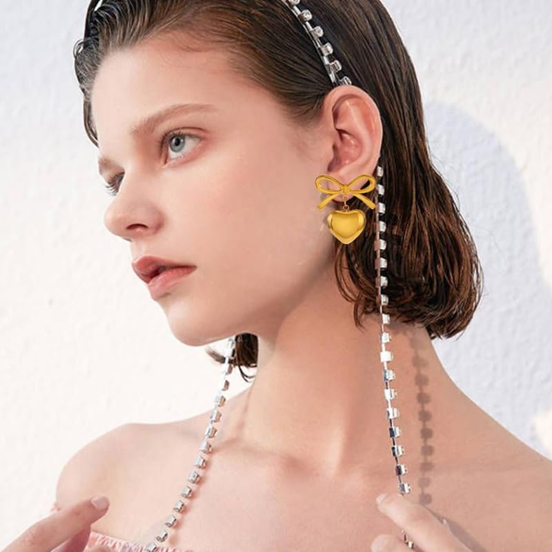 ONLYJUMP 2 Pairs Heart Ribbon Bow Dangle Earrings Necklaces Set For Women 14k Gold Plated Dainty Ribbon Heart Bow Earrings Necklces Trendy Jewelry Gift - Image 2