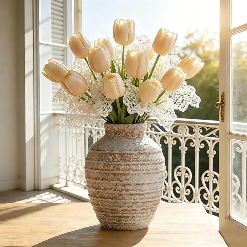 Rustic Ceramic Flower Vase,7 Inch Pottery Farmhouse Vases for Home Decor Boho Terracotta Vase Decorations Vintage Floral Vase Decor for Living Room,Table,Bedroom,Shelf,Mantel,Kitchen-Warm Sand Beige