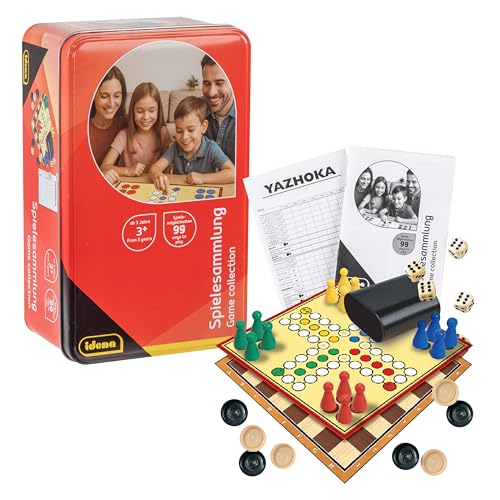Idena -Spielesammlung mit 99 Spielmöglichkeiten, in Tinbox, inklusive verschiedenen Brett-und Würfelspielen, Spielanleitung, für 2 bis 8 Spieler ab 6 Jahren