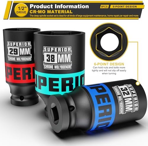 Aiourx 1/2" Drive Deep Large Impact Socket Set, Metric, 29mm-38mm, CR-MO, 6 Point, Use in Removing and Installing Axle Nuts, 9pcs - 3