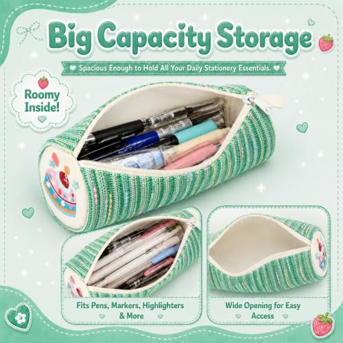 Image of Green Strawberry Cake Pencil Pouch for School Girls, Large Capacity Cute Pencil Case, Stationery Organizer | Spacious Storage | Lightweight | Multi-Use | Aesthetic | College Ready