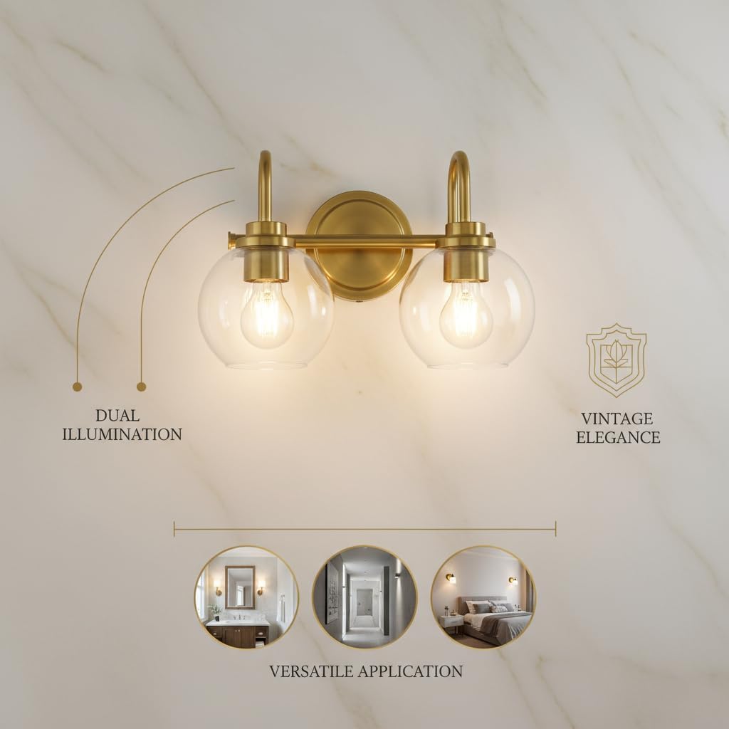 Gold Vanity Light – 2 Light Bathroom Fixture with Clear Glass Shades, Modern Wall Sconce for Mirror, Vanity Lighting for Bathroom Bedroom Hallway Living Room