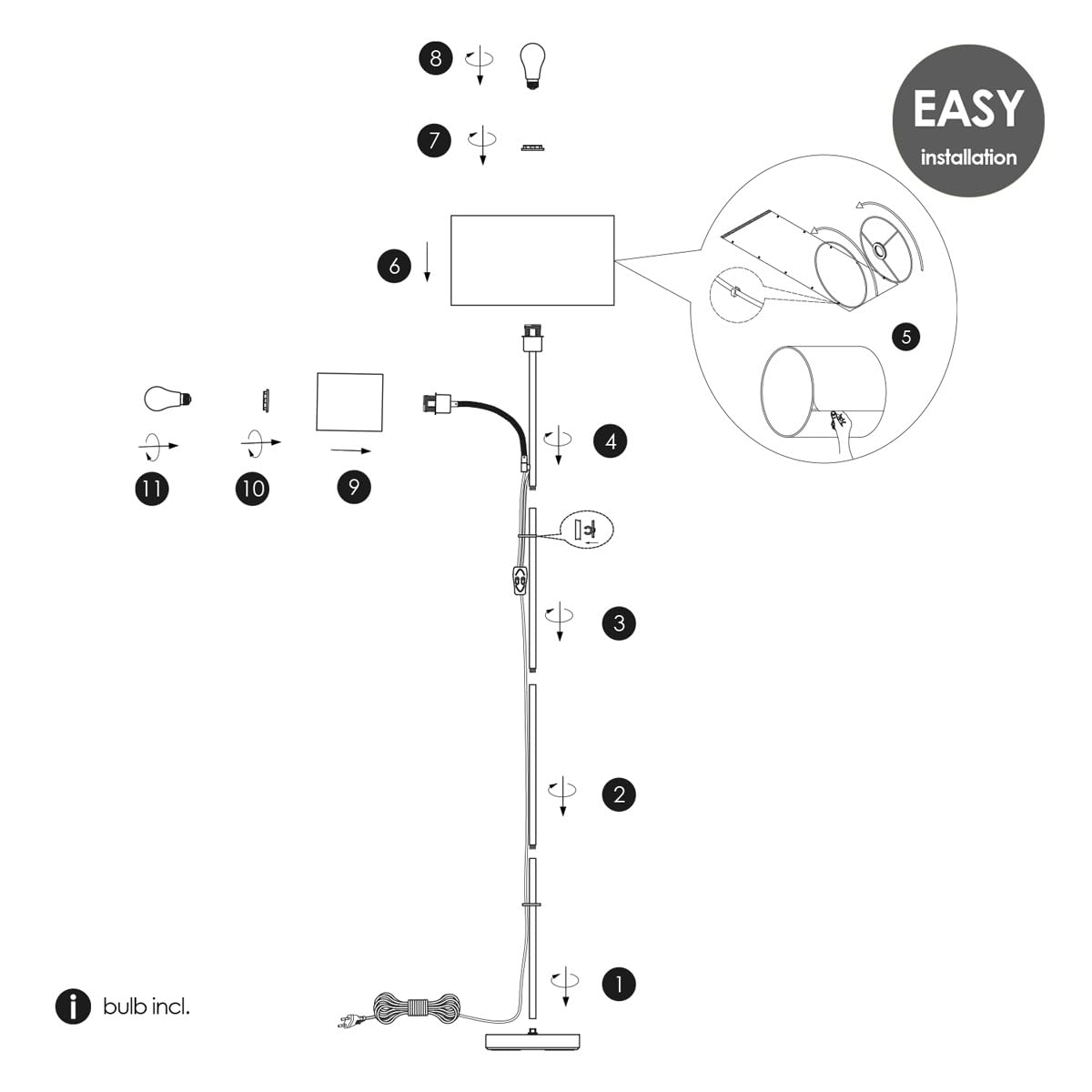 Home Sweet home Stehlampe Schwarz mit Leselampe – 175 cm Stehleuchte mit Corduroy Lampenschirm - 2 LED Leuchtmittel (2700K) - Moderne Standleuchte für Wohnzimmer & Lesen
