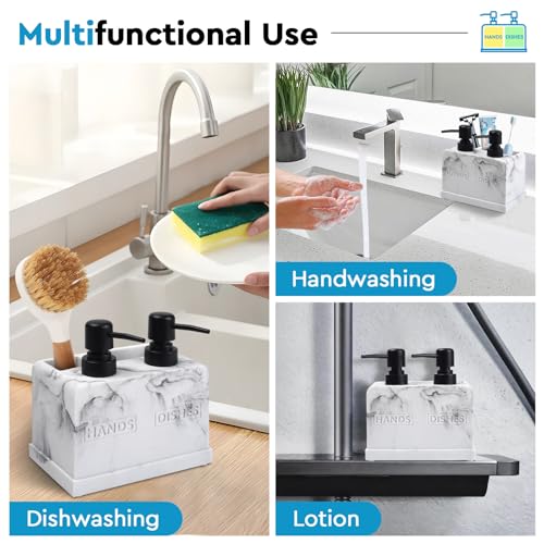 Kitchen Soap Dispenser Set,with Liquid Hand and Dish Soap,Sponge Holder and Brush Holder 4-in-1 Dual Soap Dispenser Set for Kitchen Sink, Bathroom - Artificial White Marble Look by Deobath - Image 5
