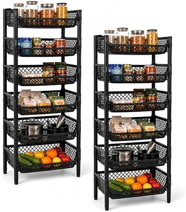 ARTECSIS® Korbregal Kunststoff 12 Regal-Etagen stapelbar & modular schwarz | Erweiterbares Stecksystem schmal - Kellerregal & Vorratsregal Lagerung - Steckregal & Lagerregal für Sp