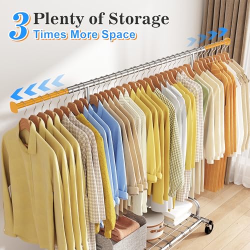 Raybee Heavy Duty Clothes Rack Load 480LBS,Clothing Racks for Hanging Clothes,Adjustable Rolling Clothes Rack with Wheels,Garment Rack for Bedroom,Laundry Room,Commercial Use, 71" Hx22 D x 75" W