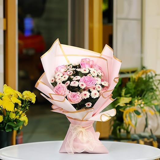 Papel De Regalo Plástico Para Ramos De Flores - 58x58 Cm, Impermeable, Con Borde Dorado (Diseño Floral)