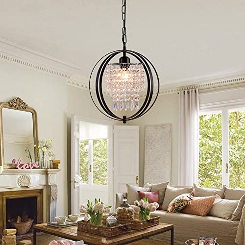 Vintage 11.8" Globe Crystal Chandelier Orb Chandeliers Pendant Lighting Spherical Hanging Lights Industrial Round Ceiling Light Fixtures For Kitchen Closet Dining Room Bedroom Farmhouse (Black) #TOP6