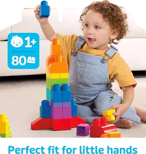 MEGA BLOKS Fisher-Price Toddler Block Toys, Big Building Bag with 80 Pieces and Storage Bag, Blue, Toy Ideas for Kids Age 1+ Years - View 5