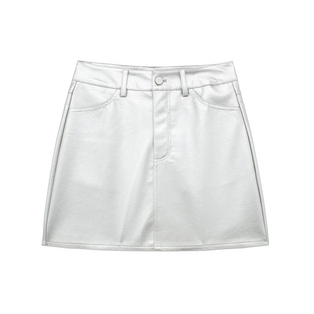SWEPER Falda Corta De Mujer - Falda De PU De Cuero Plateado A La Moda para Mujer, Minifalda Retro De Cintura Alta con Corte En A para Mujer