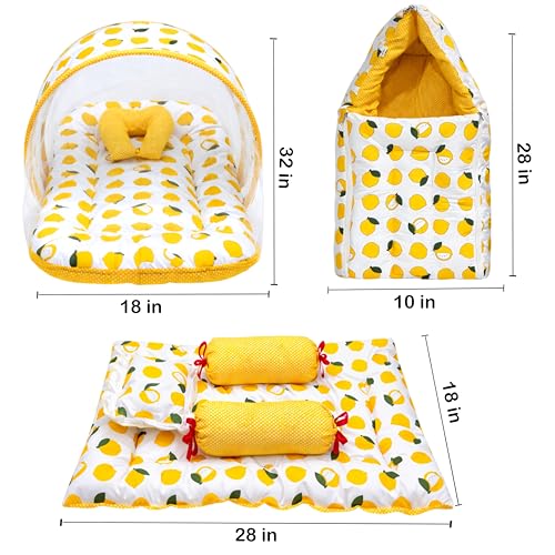 Image of Infantbond Designer Mattress with Net | Baby Sleeping Bag | Carry Bed (0-6 Months) (Lemon Yellow)