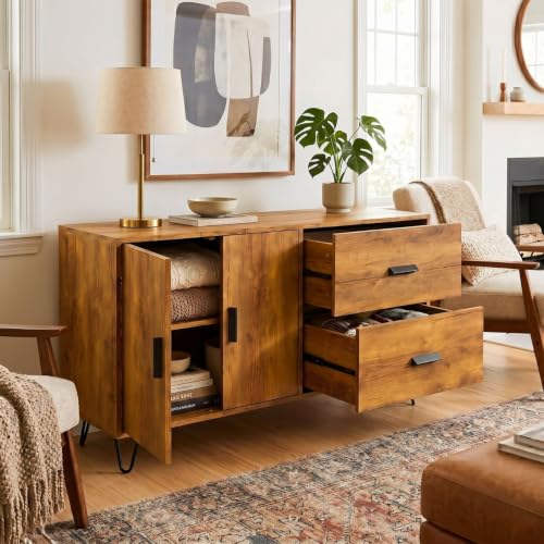 Image of FFO Haven Sideboard Cabinet for Living Room | 2 Door Storage Cabinet with 2 Drawers, Modern Sideboard Cupboard for Bedroom, Dining Room & Hallway, Wood Finish Cabinet with Metal Hairpin Legs DIY