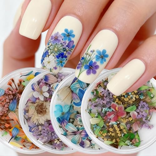 MOLILON 4 Boxes Dried Flowers for Nail Art Colorful Dried Hibiscus Flowers Mix Dried Flowers for Nails Spring Blossom Petal Decor 3D Dry Flower Nail Stickers for Resin Nails Supplies