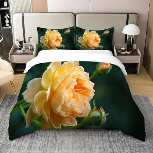 Bettwäsche 200x200 Gelbe Rose Weich Mikrofaser Pflanzenmädchen Bettwäsche-Sets 3D Bettbezug 3 Teilig Bettbezüge mit Reißverschluss und 2...